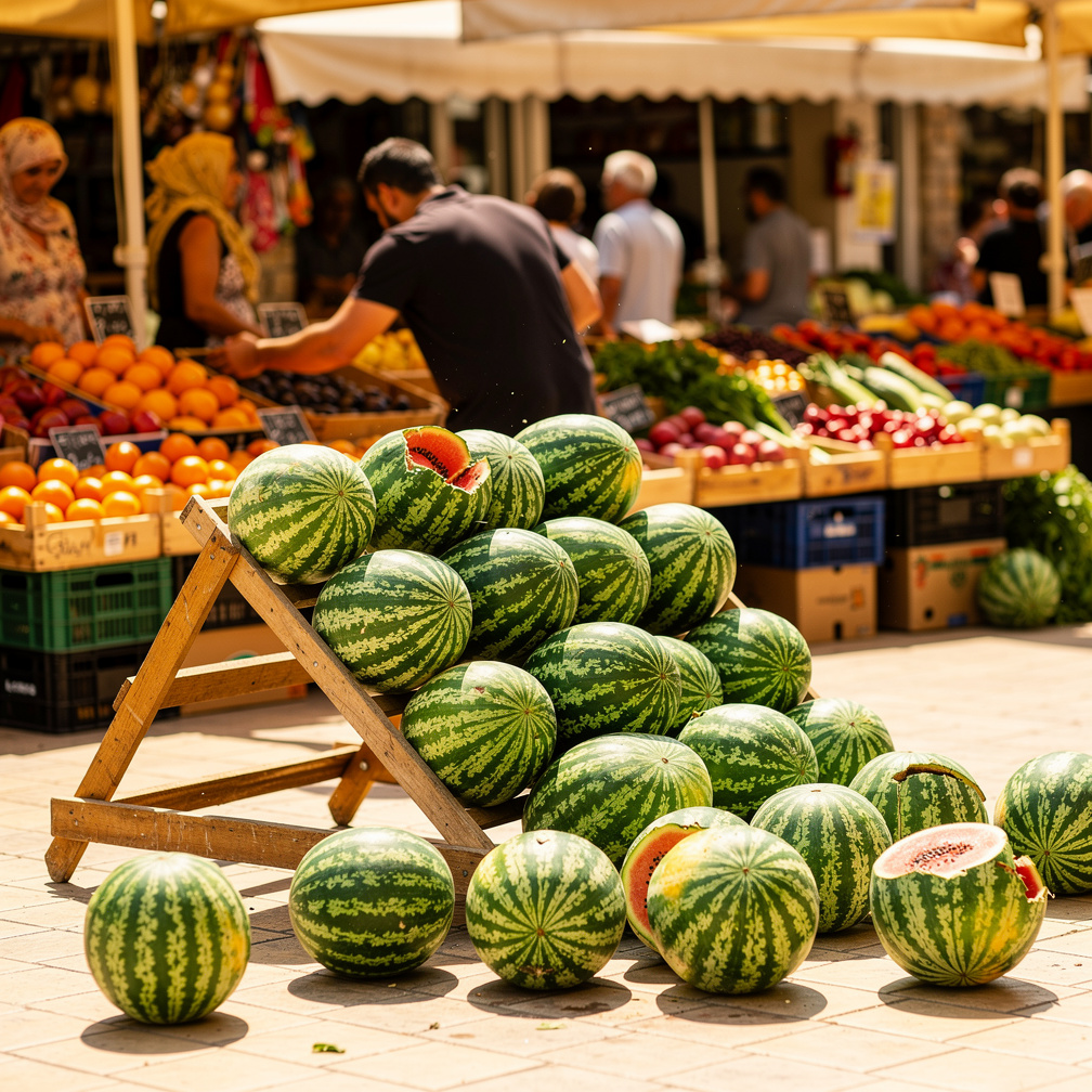 suddenly a vendor knocked over a watermelon stand nearby