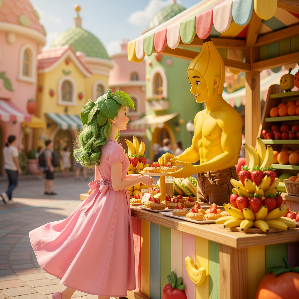 They open a small fruit stand, with Strawberry's sweet pastries and Banana's clever arrangements, attracting the town's atten