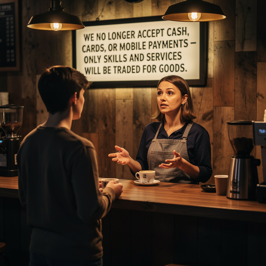 A barista looks up, expecting you to offer something in exchange for your morning coffee, a curious glint in her eye.