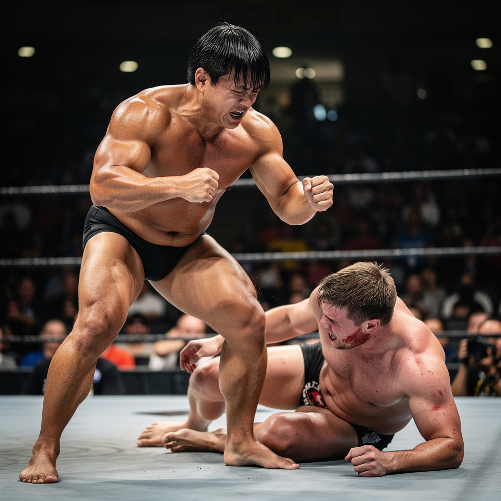 Blood spills from the wrestler's face as Salman's punches intensify.