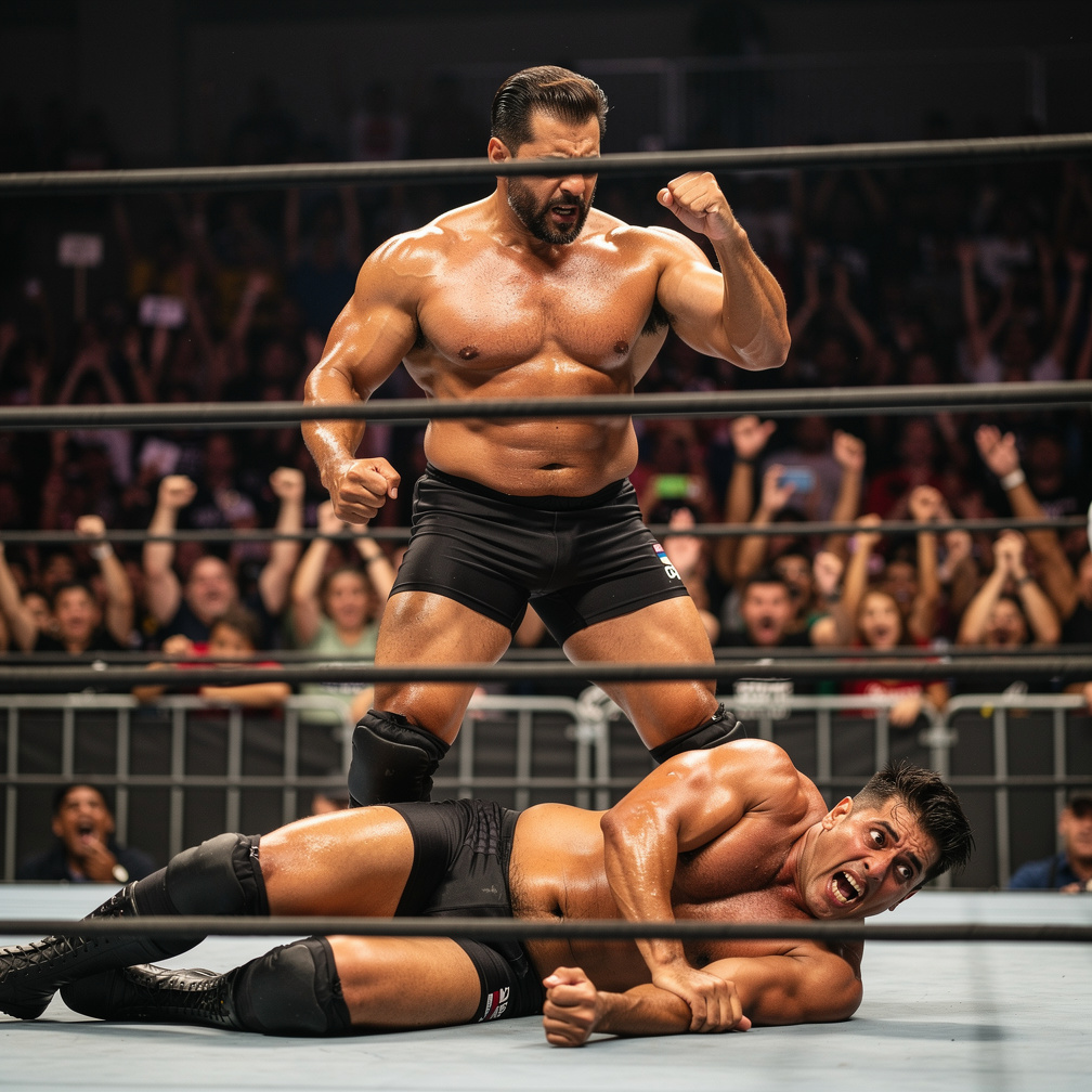 The crowd cheers as Salman delivers another blow, sweat dripping from his forehead, his opponent struggling to get up.