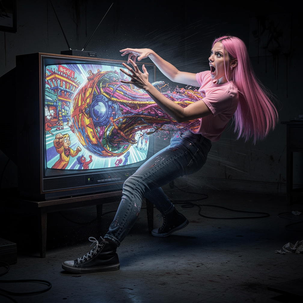 Ela sente um arrepio enquanto é sugada para dentro da TV, o som do episódio fica mais alto e distorcido.