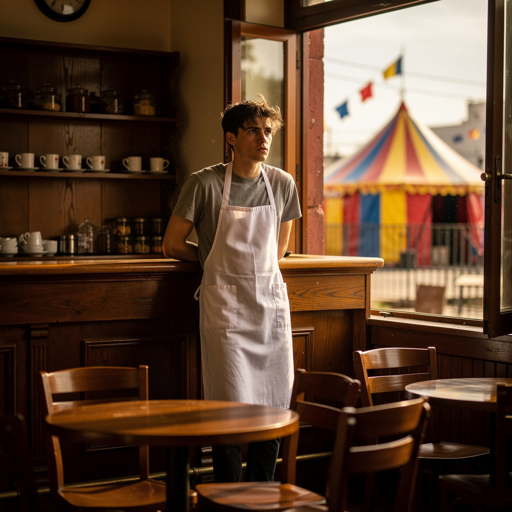 El joven notó que la llegada del circo misterioso trajo consigo un extraño silencio en la ciudad, y su cafetería habitualment