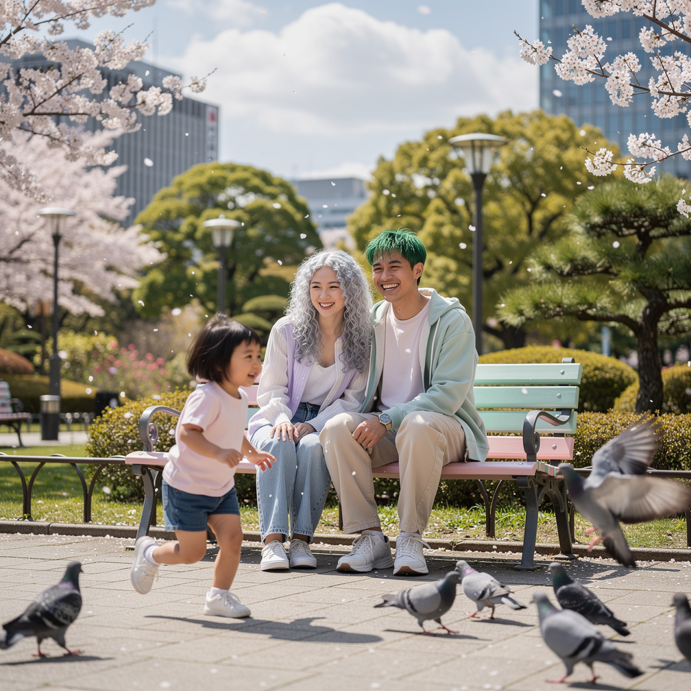 Momo and Izuku take Eri to a beautiful park, watching her laugh as she plays.
