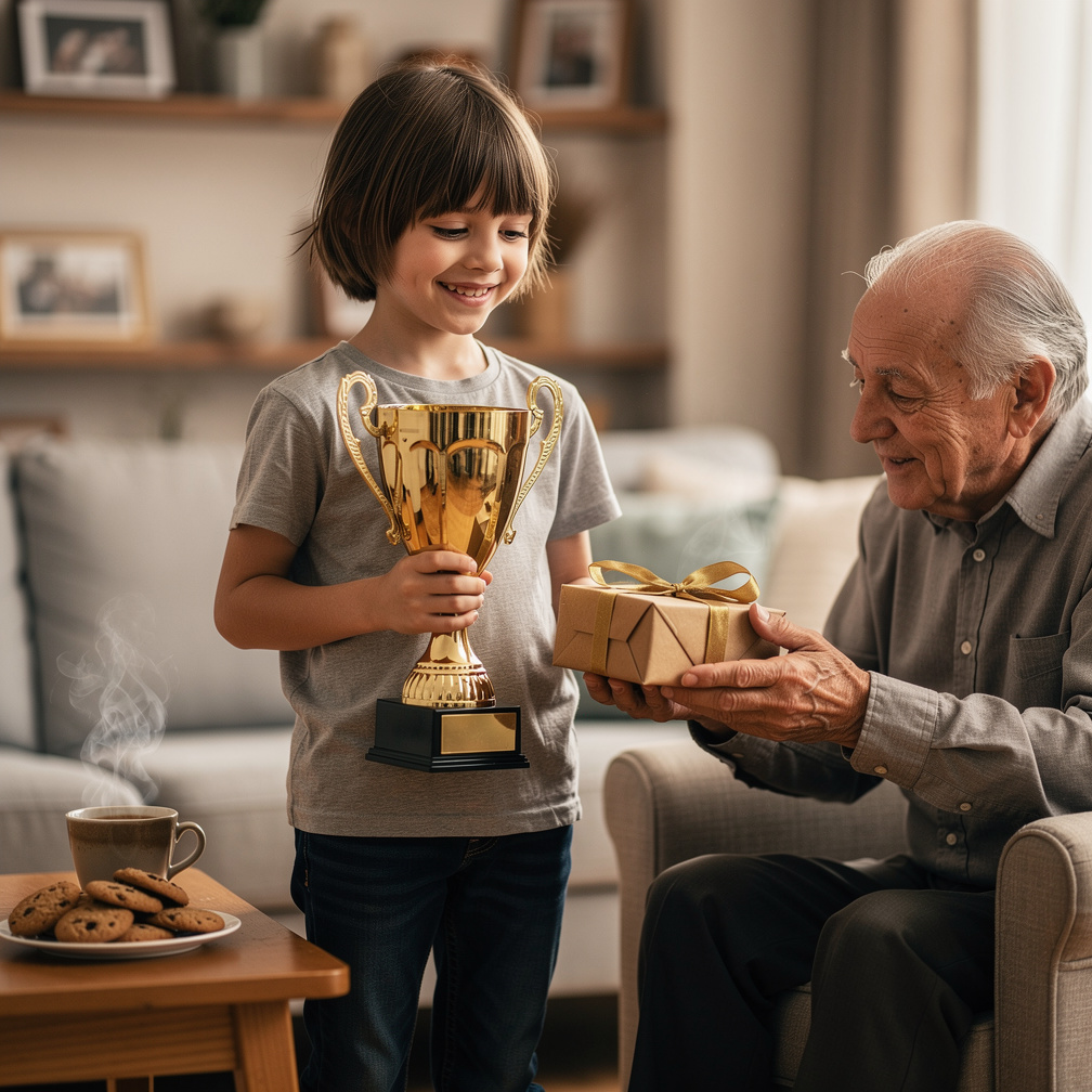 The old man smiles, his eyes twinkling, and hands the kid a small, mysterious box.