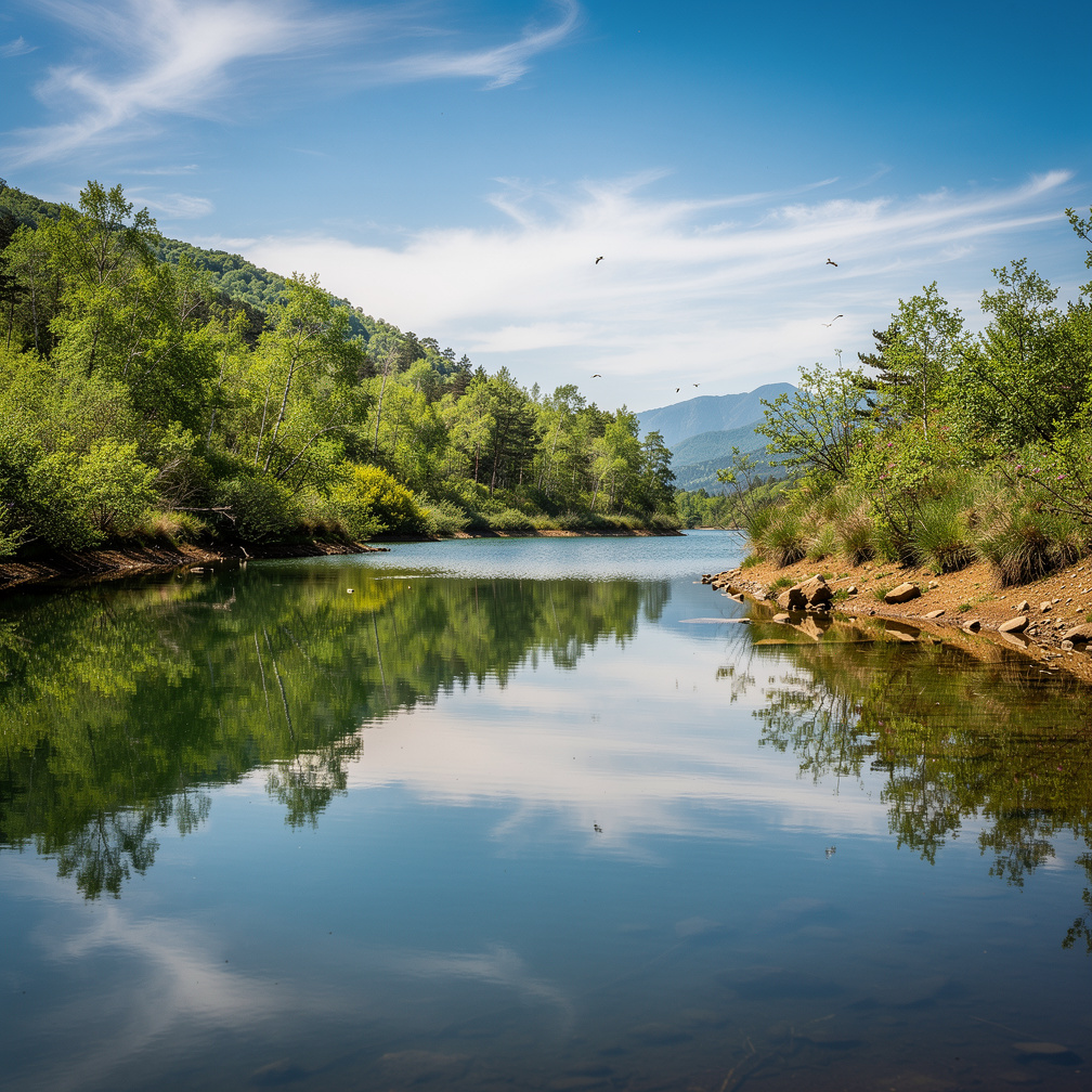A serene lake reflects the beautiful natural sky.