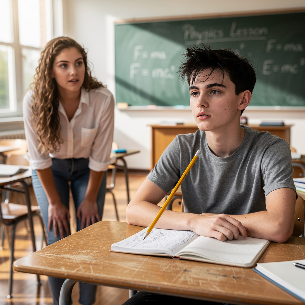 Emily, the superhero's daughter, secretly watched Jake, the normal student, as he unknowingly levitated his pencil during cla