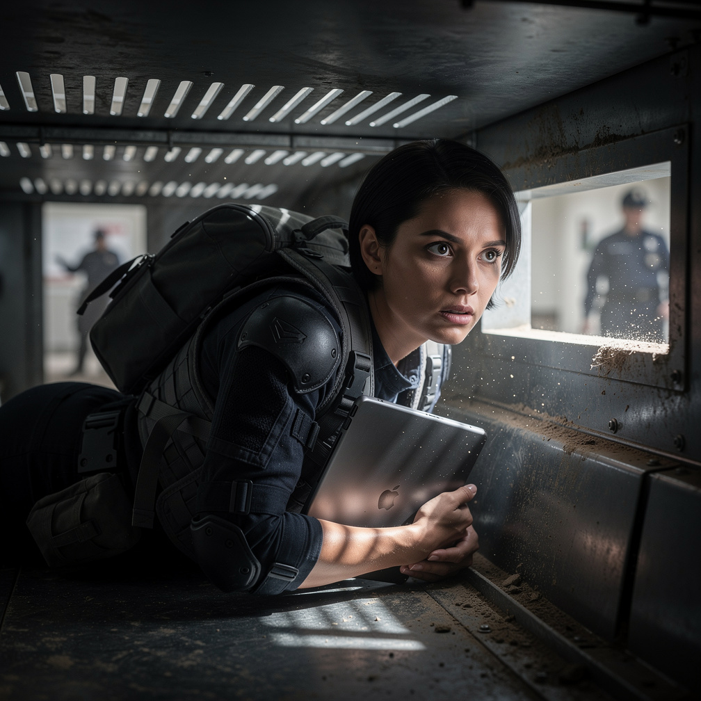 Jenna waits silently, hearing footsteps and muffled voices below, as the police search the building.