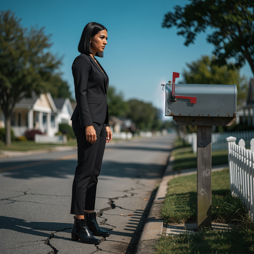 Alexandra's gaze lingers on the mailbox, her eyes locked onto the shimmer. She slows her pace, her mind racing with possibili