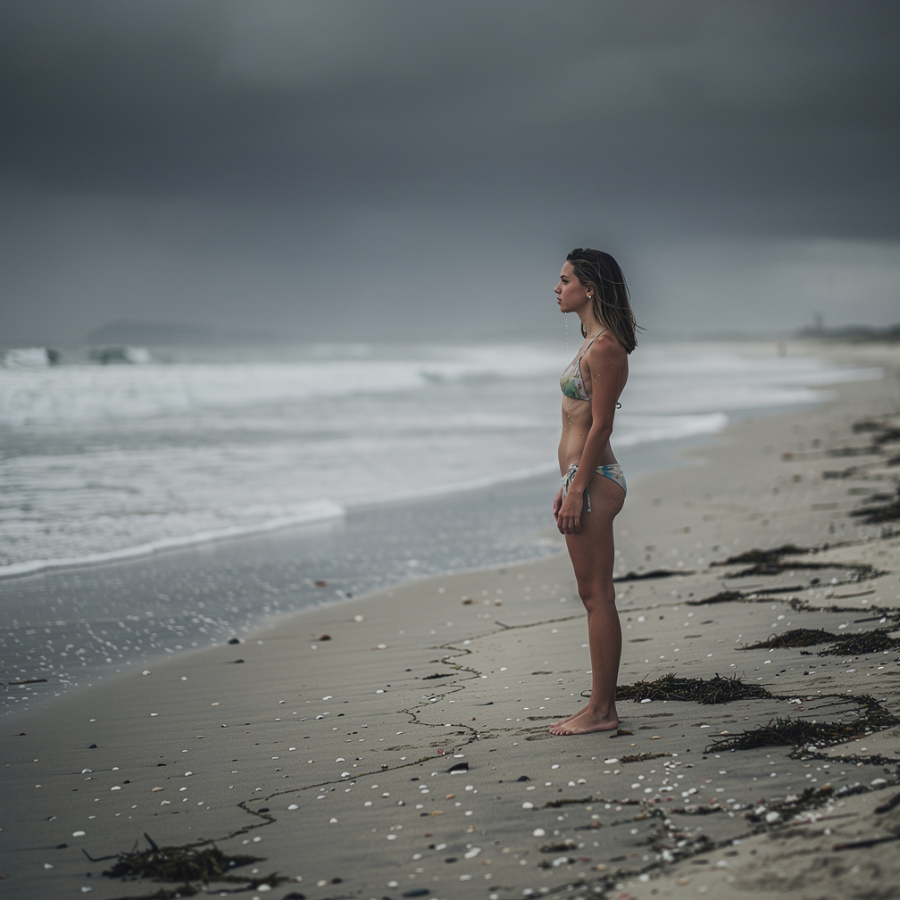 She gazes out at the empty beach, tears welling up in her eyes.