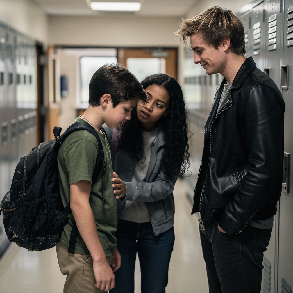His best friend tries to reassure him, but the boy's eyes drop, and he quickly changes the subject, hiding his pain.