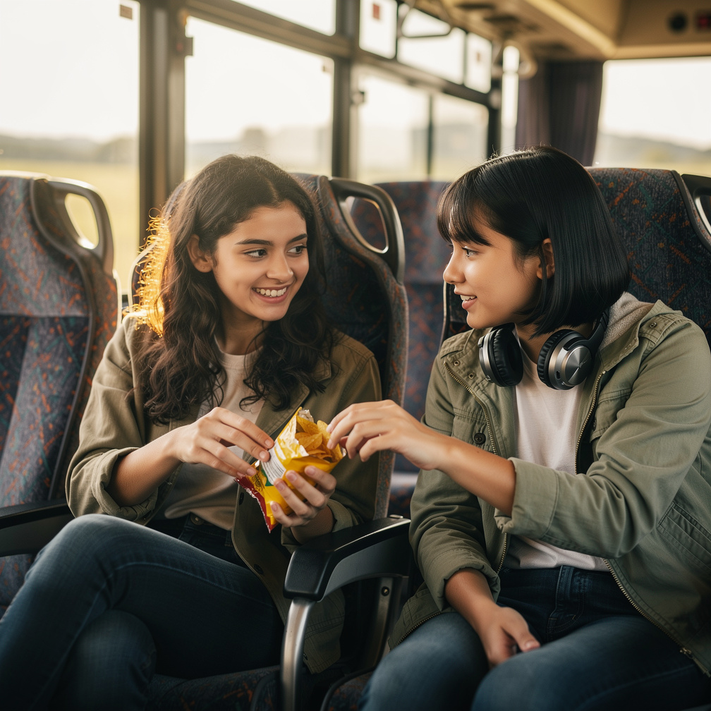 As they munched on chips, Maya suddenly paused her music and turned to her friend, Emily, with a mischievous grin.