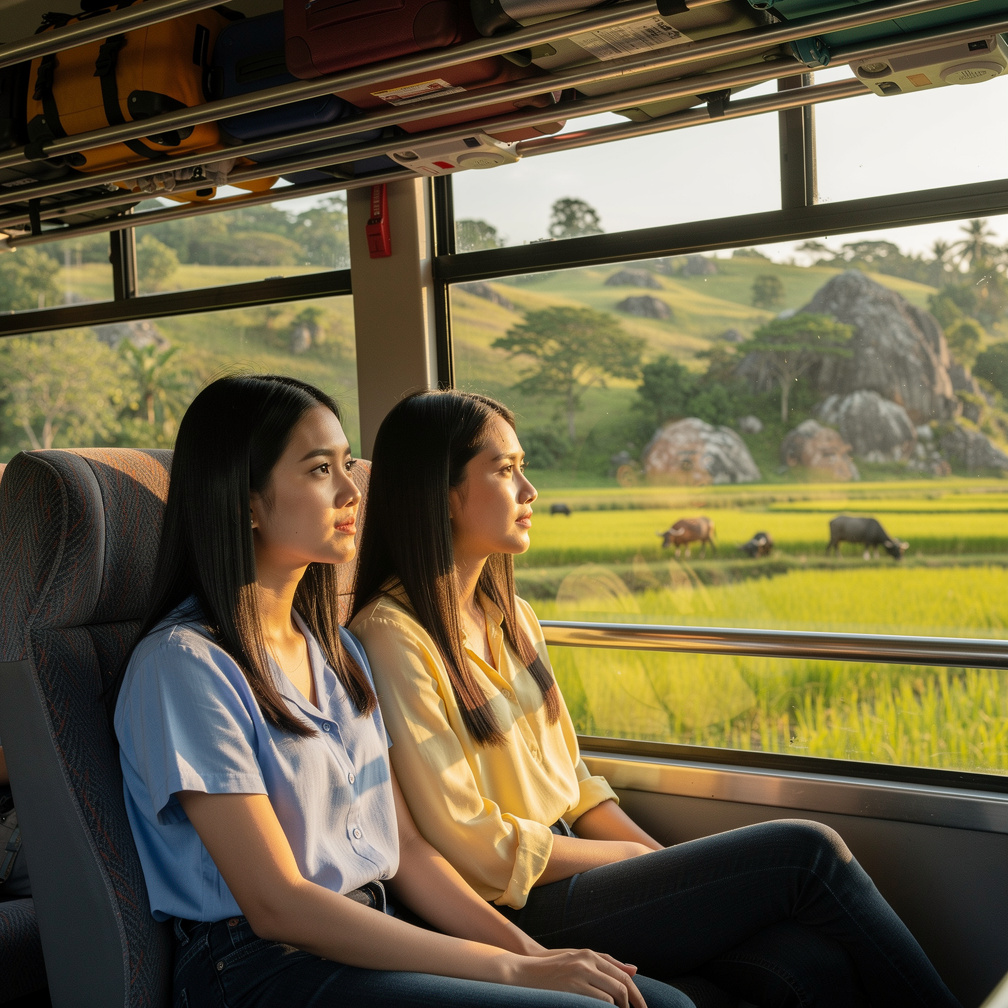 As they traveled, the scenery outside changed from city skyscrapers to lush green fields and mountains.