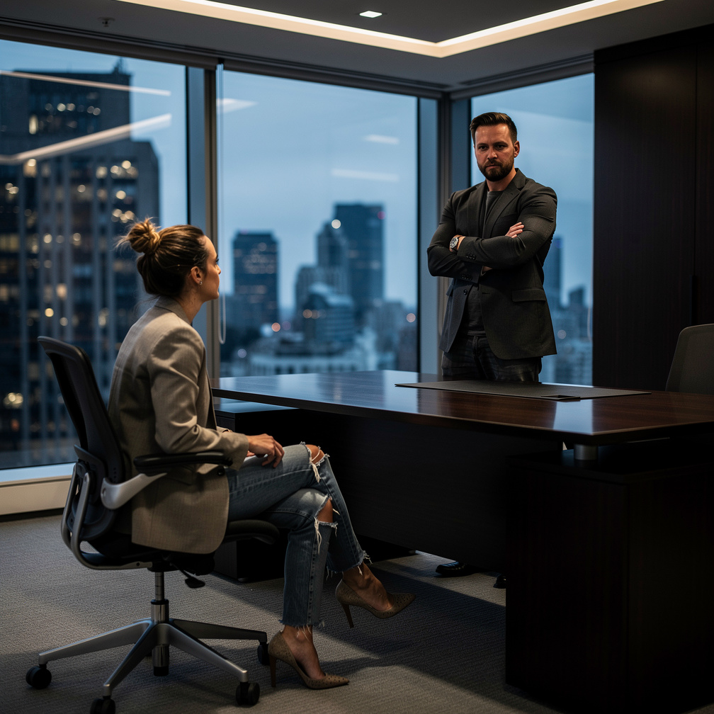 He walks around his desk, his eyes fixed on you, and leans against the edge, his arms crossed.