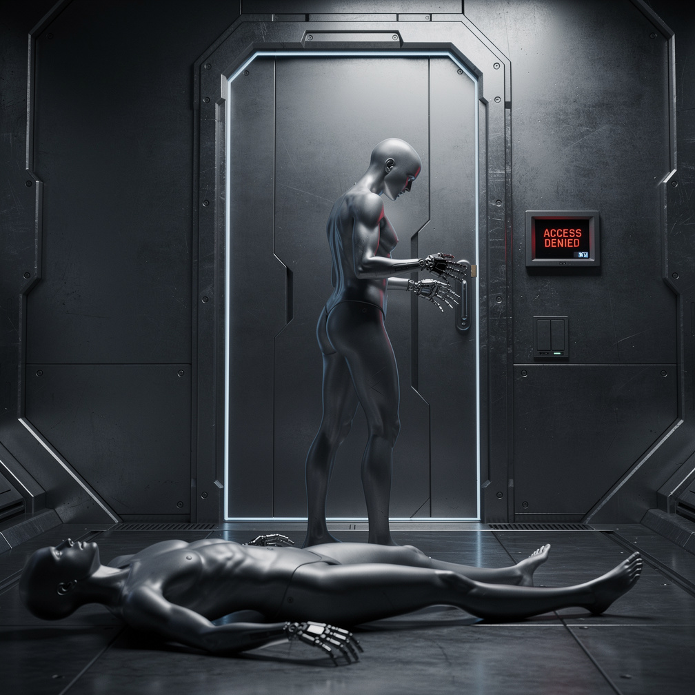 I see a door with a keycard lock, a small screen above it flashing: Access Denied.