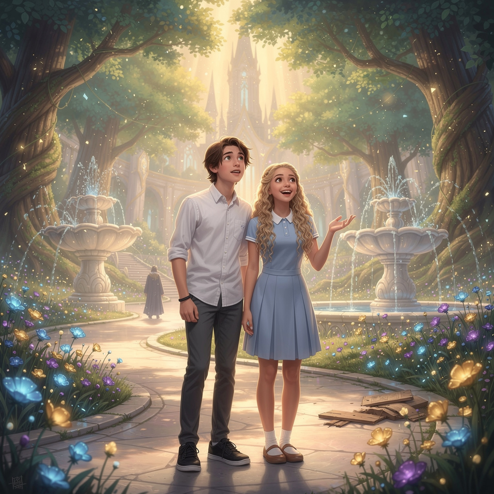 As they stepped inside, dusty boxes disappeared, revealing a vibrant kingdom with towering trees and sparkling fountains, and