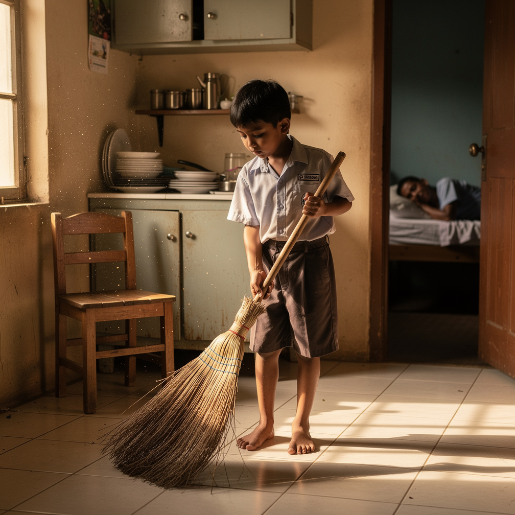 Arga menyapu lantai dengan hati-hati, tak ingin mengganggu ibunya yang sedang tidur di kamar sebelah.