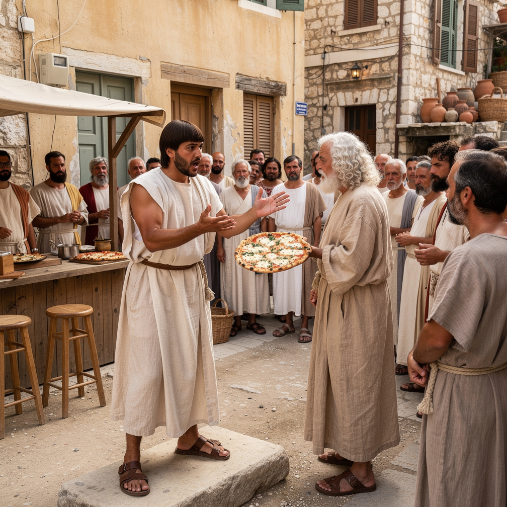 Socrates lectures on the meaning of free food, attracting a crowd, while you frantically try to reclaim your stolen pizza.