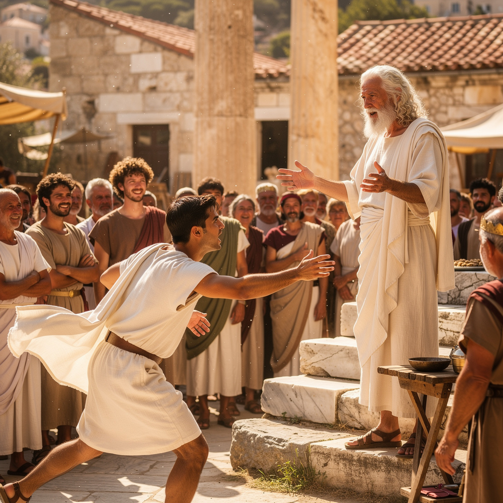 Socrates lectures on the meaning of free food, attracting a crowd, while you chase him, demanding payment.