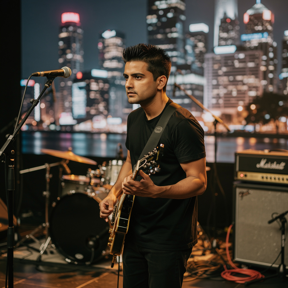 Rudraksh stepped onto the dimly lit stage, his guitar at the ready.
