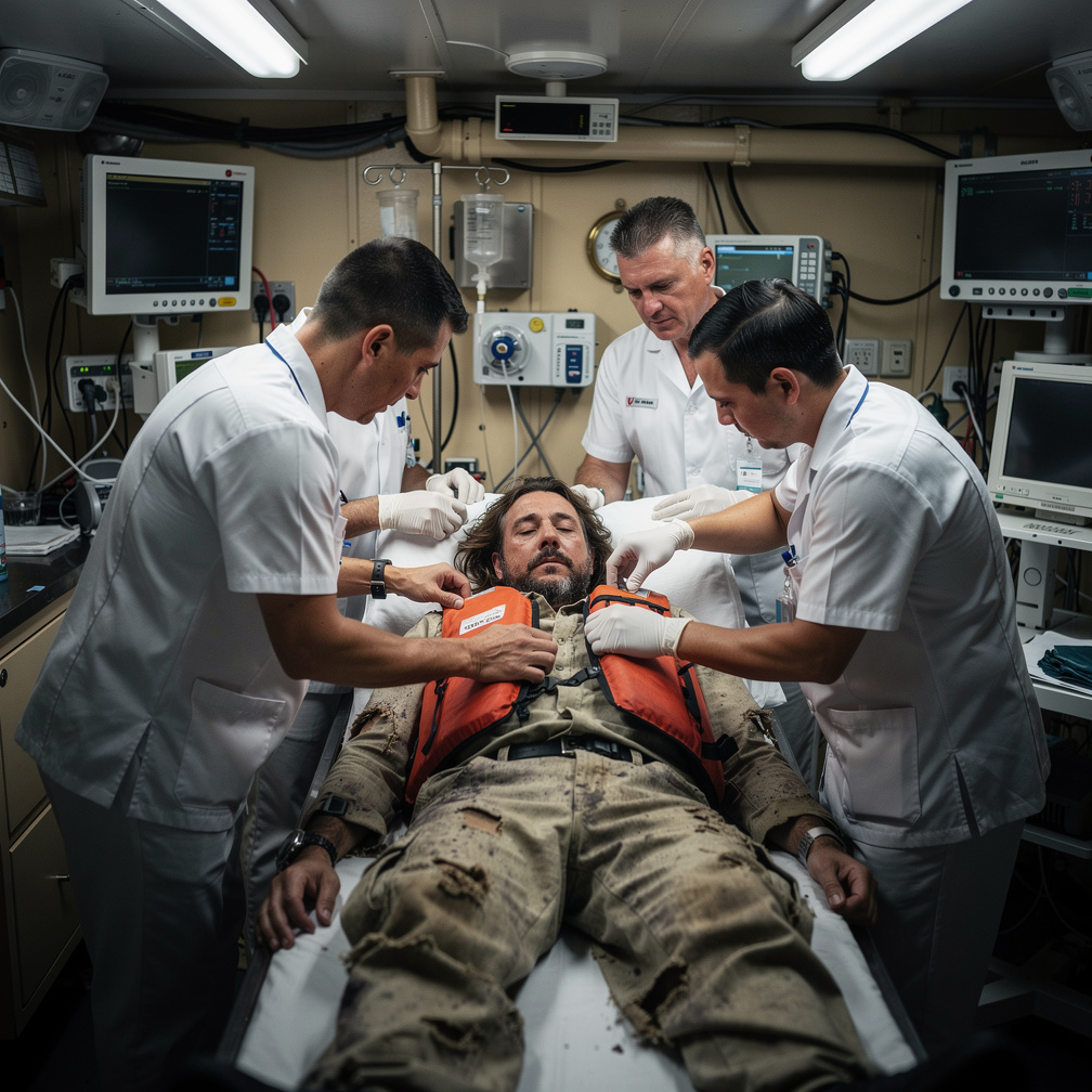 Exhausted, he was pulled aboard. Medics rushed to treat him.