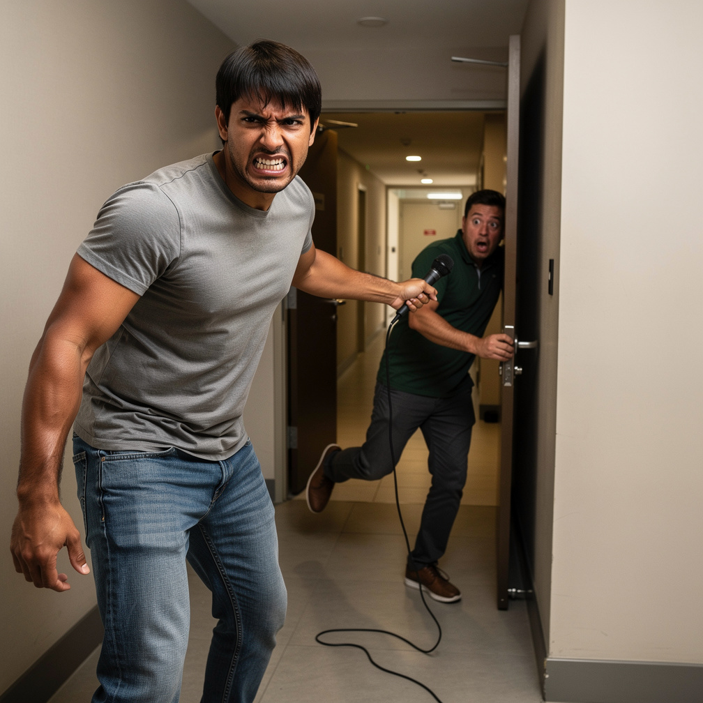 Carlos stormed out, still furious, and bumped into a stranger who was holding a microphone.
