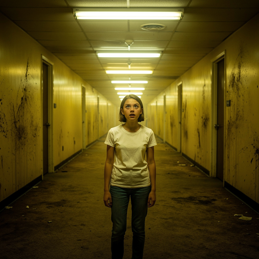 She stood up, dizzy, and looked around at the endless yellow walls and flickering fluorescent lights, with no sign of a door 