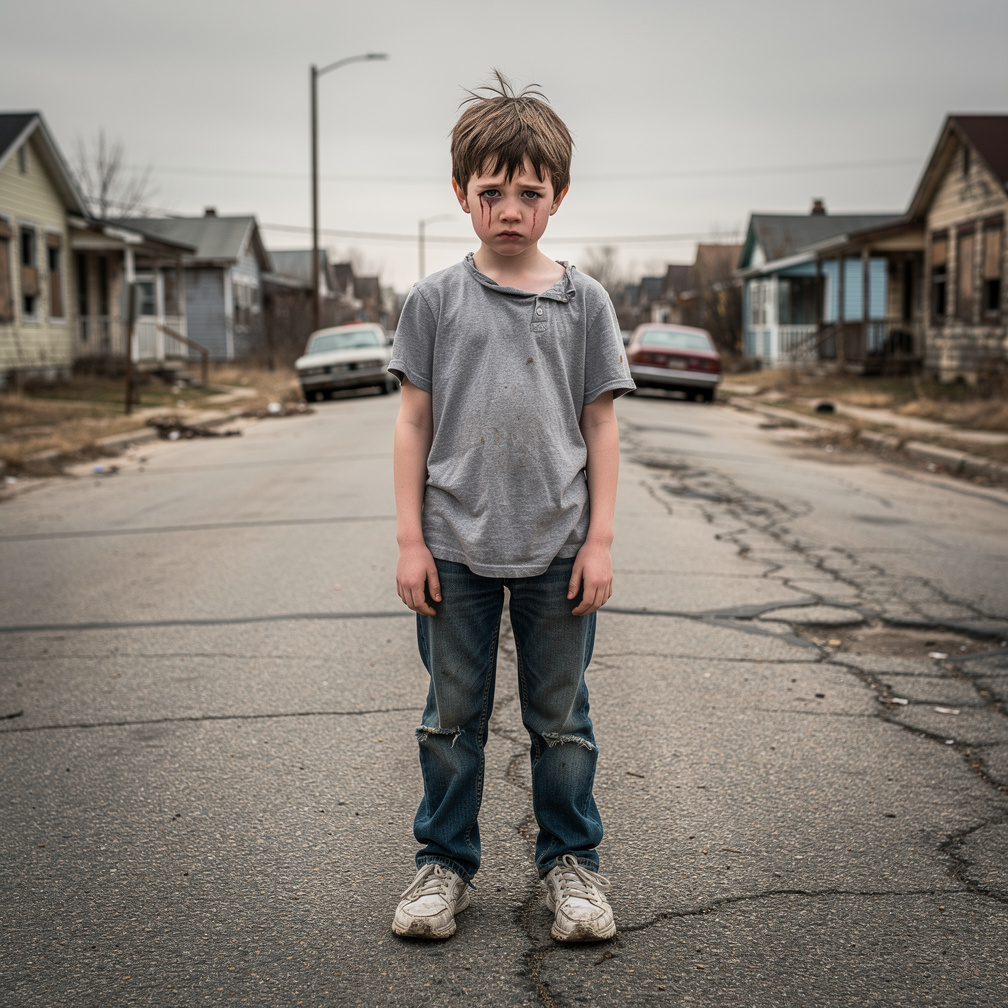 He walks outside to an empty street, feeling alone and scared, with no one to turn to.