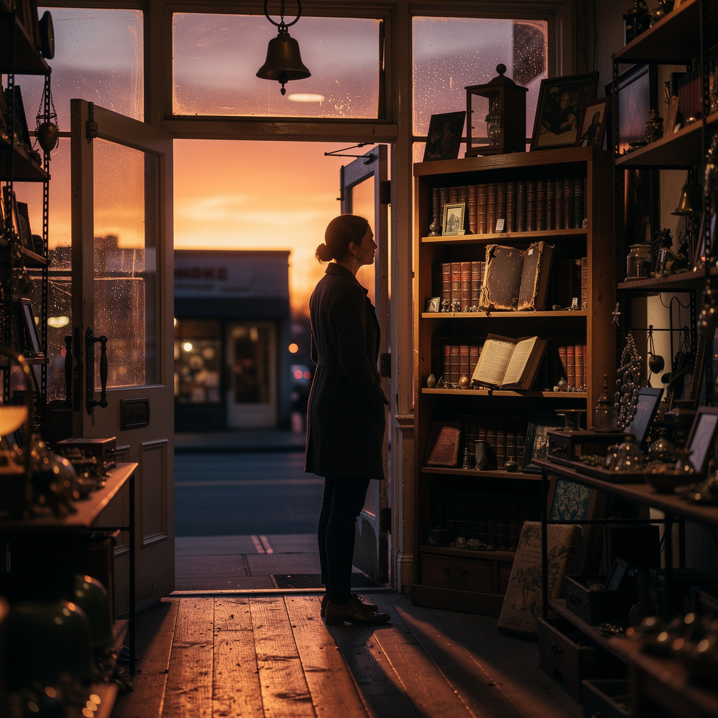Seus olhos escaneiam a loja, como se buscassem algo ou alguém, e param em uma prateleira de livros raros no canto.