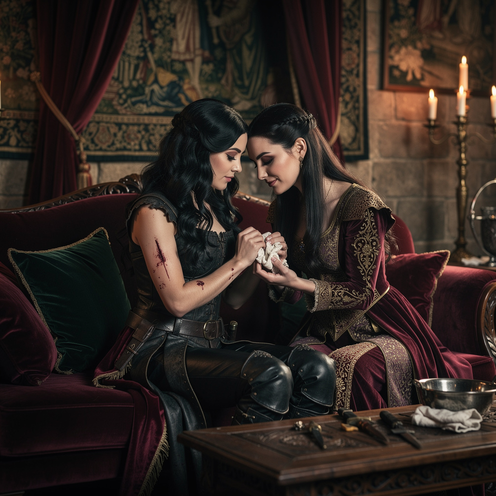 As the princess tended to her wounds, their eyes met, sparking a fierce attraction, the assassin's gaze softened, and the pri