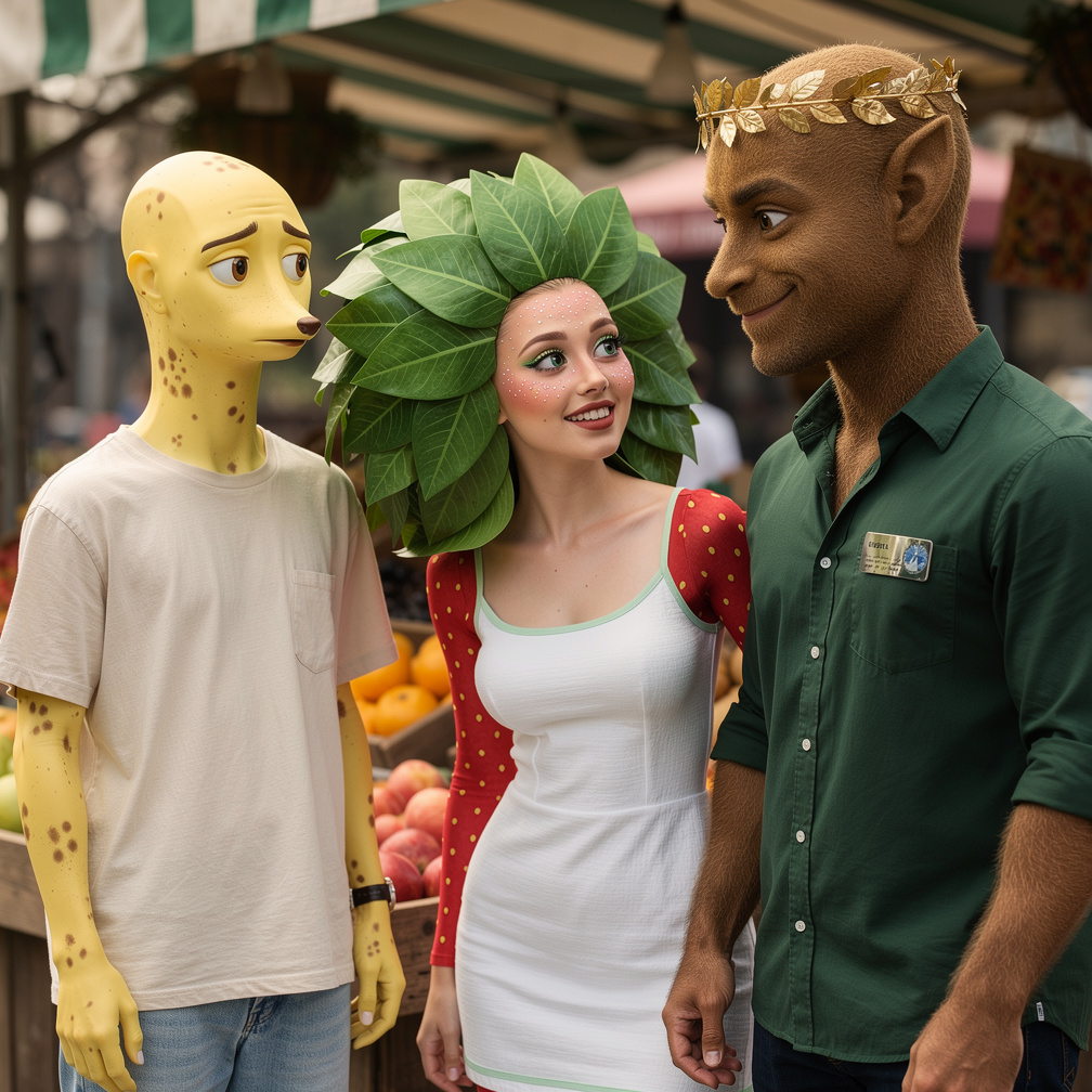 A banana pobre sonhava em impressionar a moranguete, mas ela mal notava sua presença, sempre ao lado do kiwi bombado.