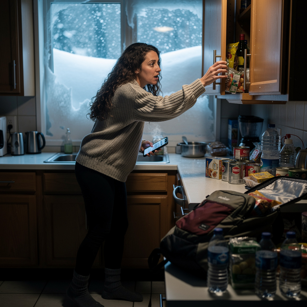 You rush to the kitchen to gather food and water, noticing the snow has already covered half the windows.