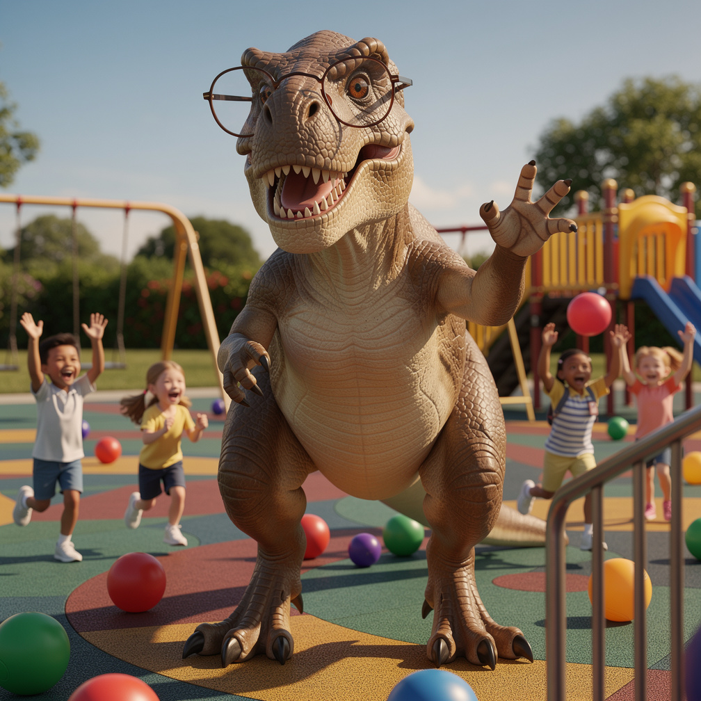 Dino teacher walking out into a sunny playground, kids cheering, balls and swings in background, colorful 3D cartoon style.