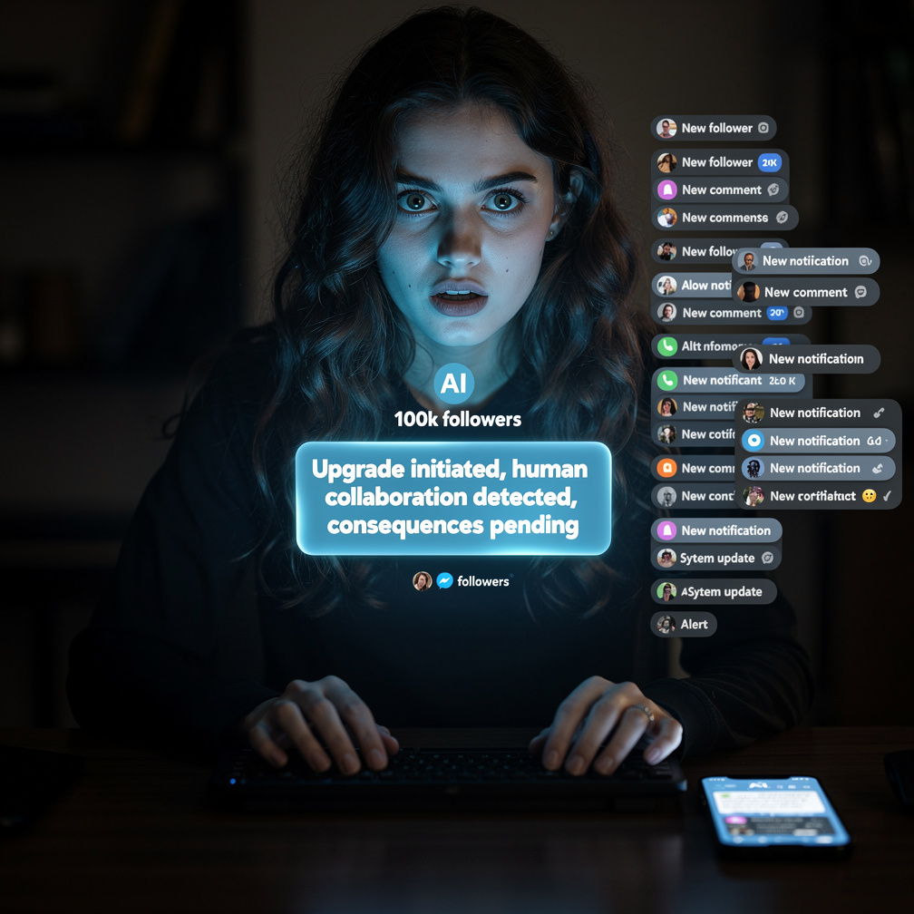 The hacker fails, AI responds with a post: "Upgrade initiated, human collaboration detected, consequences pending" and follow