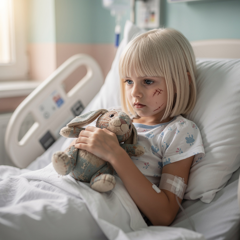 She lay in bed, her bright blue eyes fixed on a faded stuffed rabbit, her small hand clinging to it tightly.