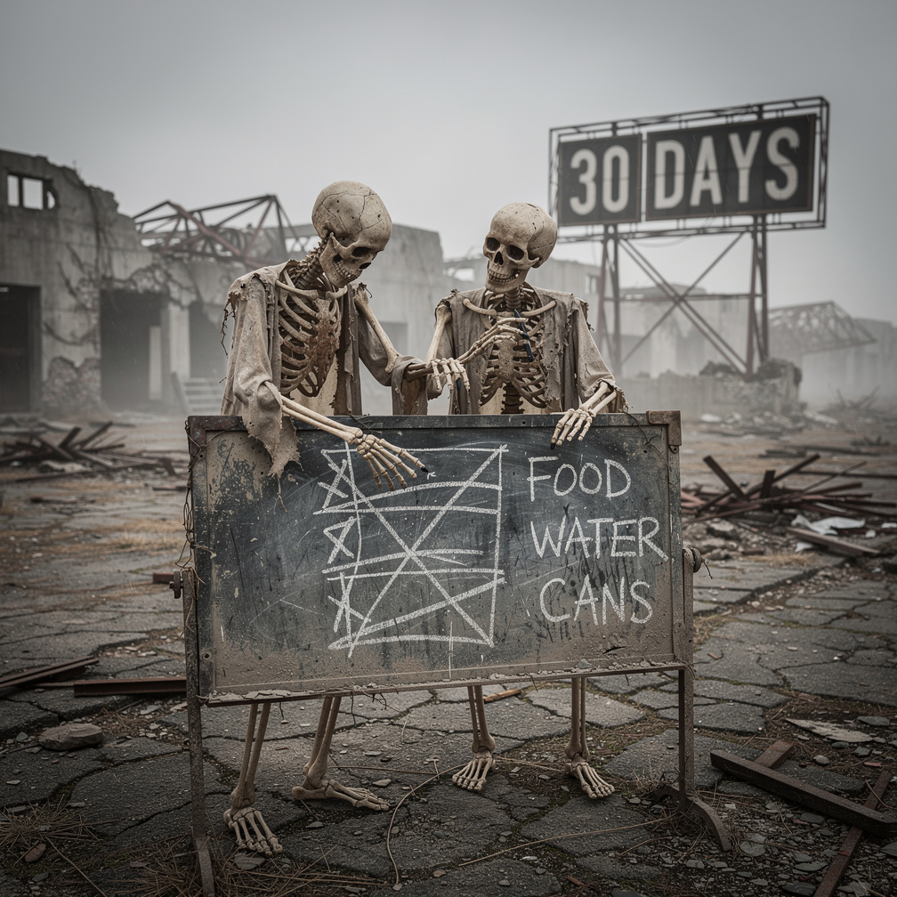 We rattled our bony fingers, making a to-do list on a dusty chalkboard, starting with finding non-perishable food for our emp