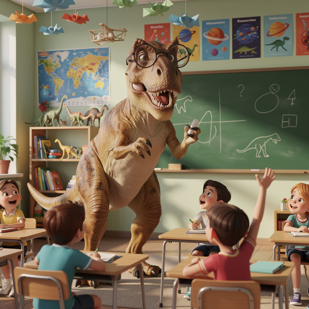 Dino teacher writes dinosaur facts on the chalkboard, kids' eyes widen with excitement, one raises hand to ask a question.