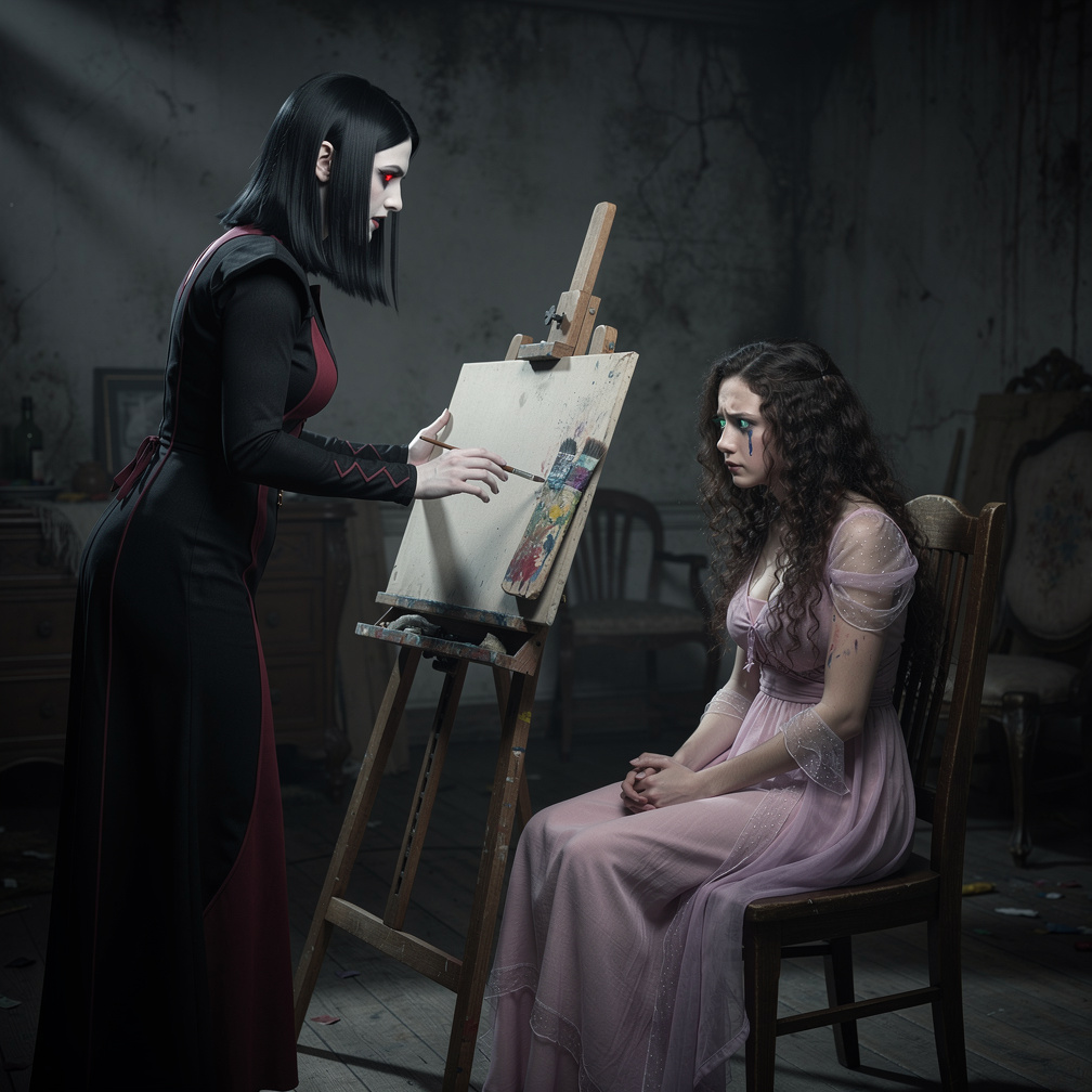 The evil fairy hands a canvas and paints to a nervous artist, who hesitantly begins to create the portrait.