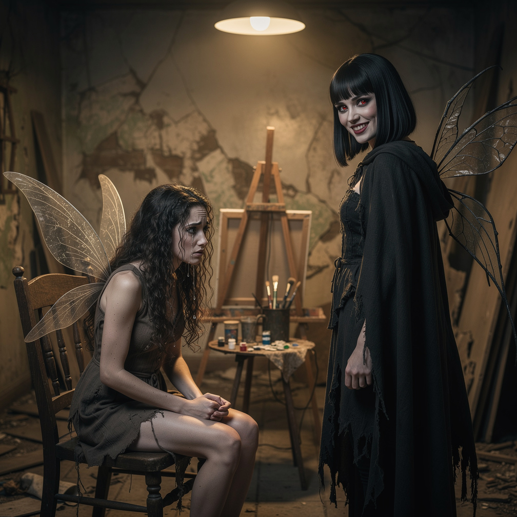 The camera zooms out to reveal a canvas and paints, with the evil fairy's menacing grin lingering on screen.