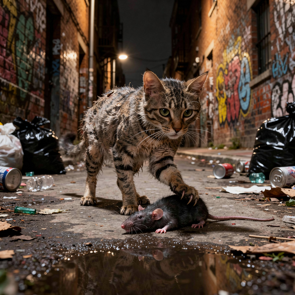 El gato mata su primera rata y siente un extraño escalofrío recorriendo su cuerpo, sus garras se vuelven más largas.