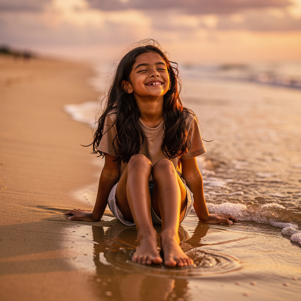Her eyes closed, feeling the warmth on her skin, as waves gently lap at her feet.
