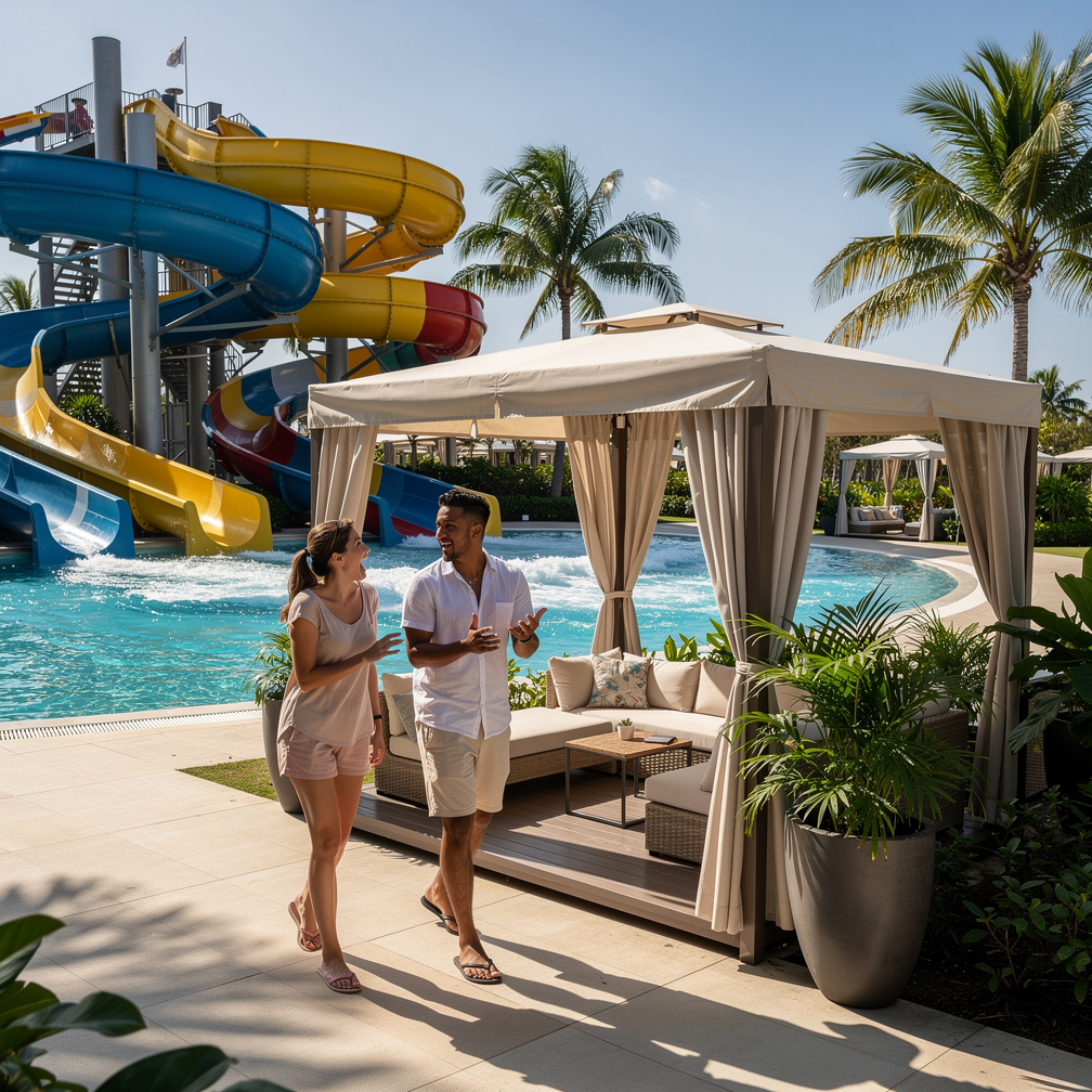 My date, Emily, looks amazed by the water slides and wave pool, and I'm excited to show her my private cabana.