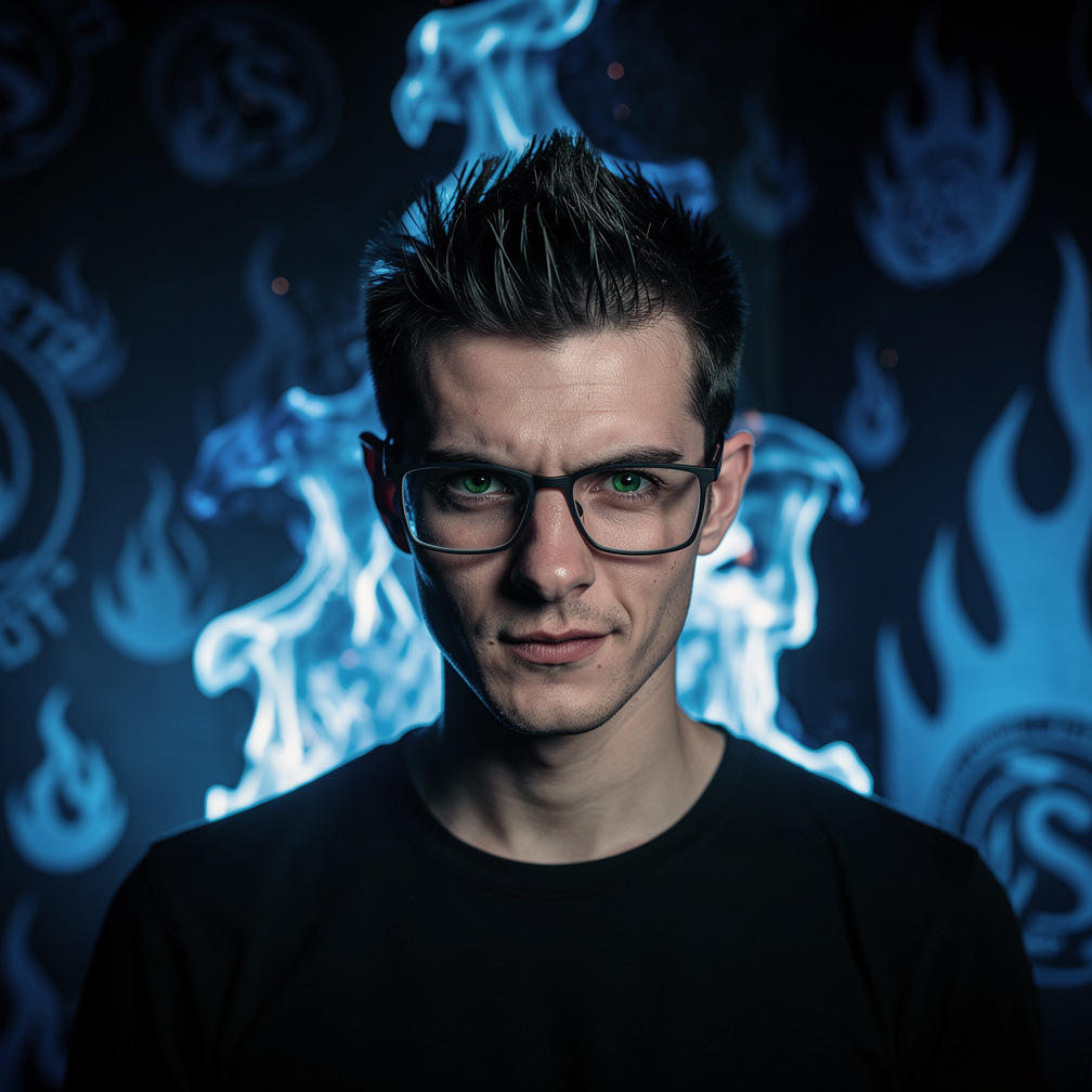 La silueta de un hacker con gafas oscuras y una llama azul danzando detrás suyo.