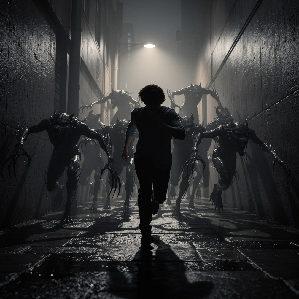 You dash through a dark alley, the shadows closing in, when suddenly a faint light appears ahead, a possible escape.