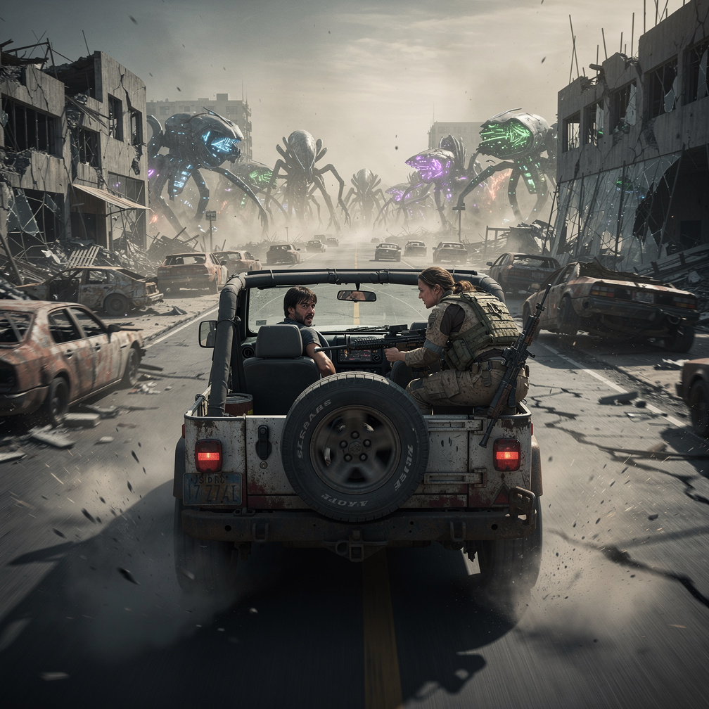 The soldier yells retreat, they jump into the Jeep, speeding away as aliens chase them.