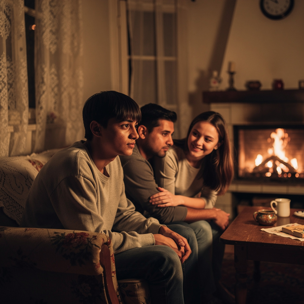 The fire crackled, casting a warm glow on their faces as Ana smiled weakly, trying to reassure them.