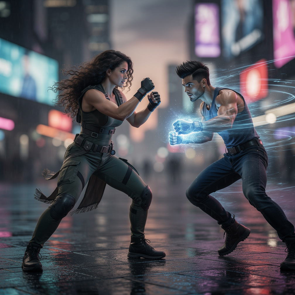 Kaito's fists glowed with blue energy as he charged at his opponent, Akira.