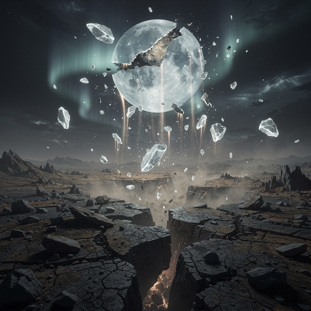 Dark fragments of the moon rained down, carrying the God of death's essence, spreading an eerie silence across the land.