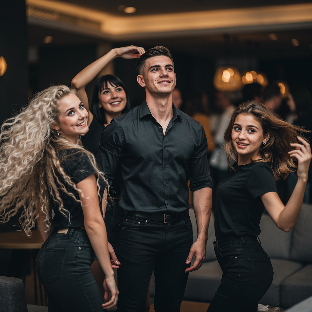 شاب مع أربعة فتيات يرقصن له ويتمايلن حولَه بأجسام مرنة ومبتسمة.