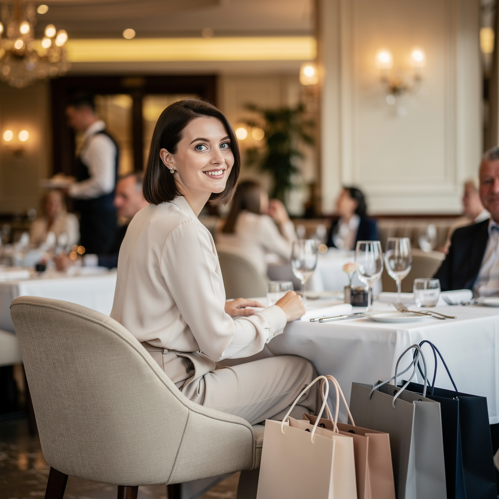 Depois de horas de compras, você decide parar para almoçar em um restaurante de luxo e encontra um amigo de infância que não 